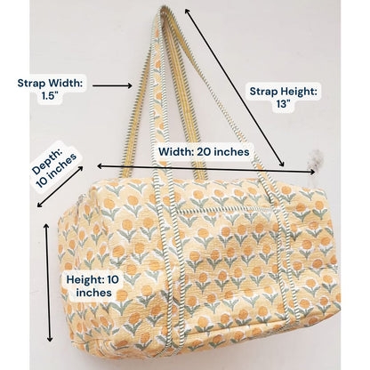 Hand Block Printed Quilted Cotton Duffle Bag – Marigold Meadow | Sustainable Travel Bag