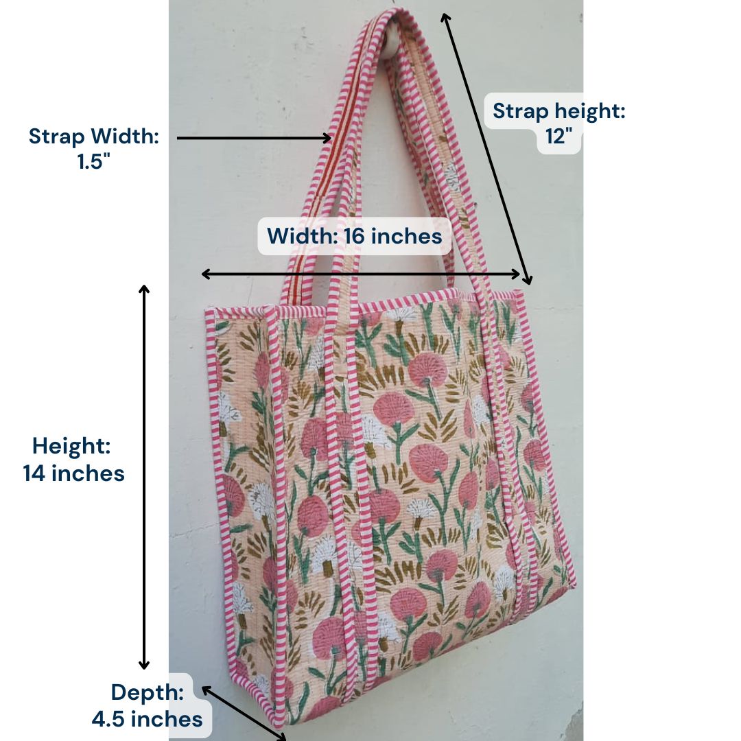Hand Block Printed Quilted Cotton Tote Bag | Peach Meadow Floral Heritage Design