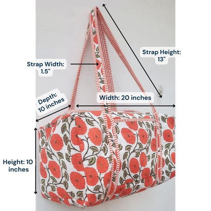 Hand Block Printed Quilted Cotton Duffle Bag – Scarlet Bloom Heritage | Sustainable Travel Bag