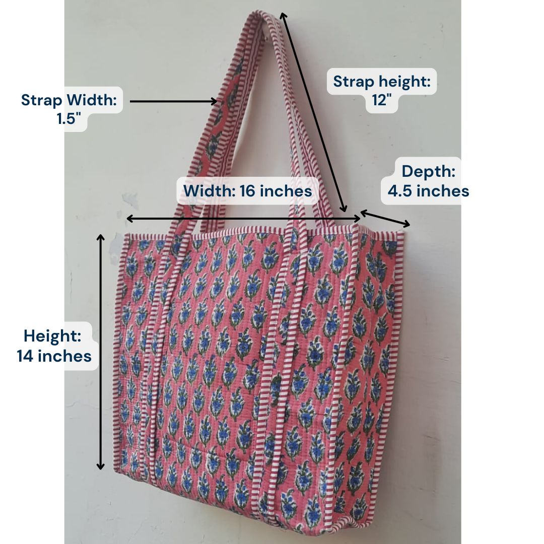 Hand Block Printed Quilted Cotton Tote Bag | Indigo Bloom on Coral Canvas