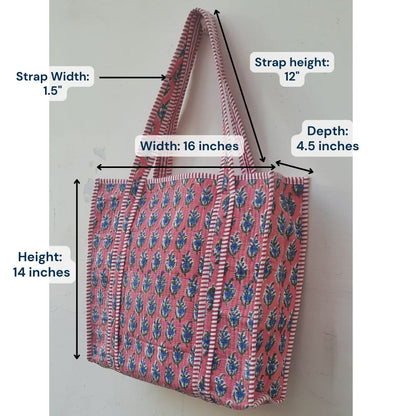 Hand Block Printed Quilted Cotton Tote Bag | Indigo Bloom on Coral Canvas