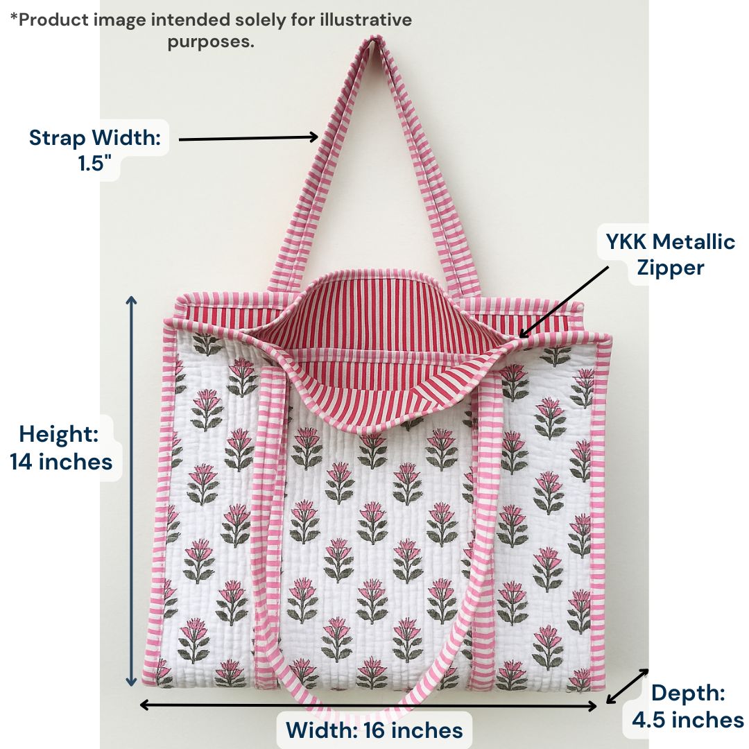 Hand Block Printed Quilted Cotton Tote Bag | Pink Blossom Heritage Bag