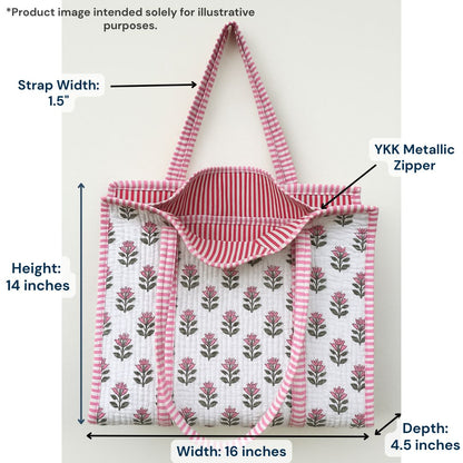 Hand Block Printed Quilted Cotton Tote Bag | Pink Blossom Heritage Bag