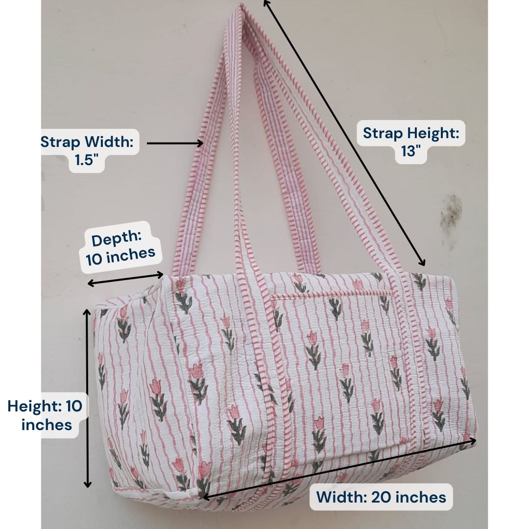 Hand Block Printed Quilted Cotton Duffle Bag – Blush Stripe Bloom | Sustainable Travel Bag