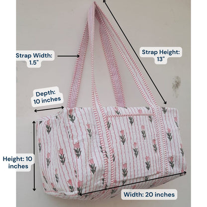 Hand Block Printed Quilted Cotton Duffle Bag – Blush Stripe Bloom | Sustainable Travel Bag