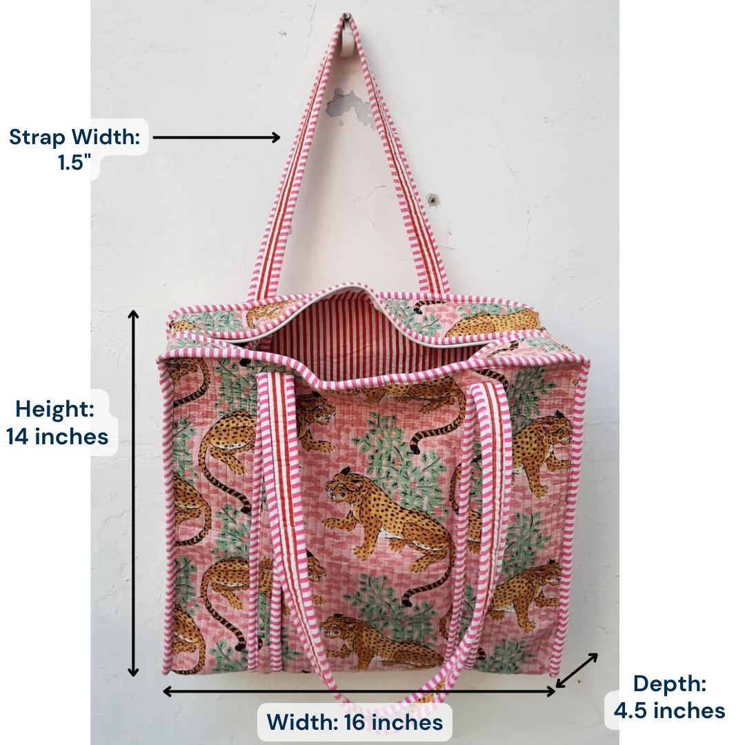 Hand Block Printed Quilted Cotton Tote Bag | Panthera Pink Heritage Bag