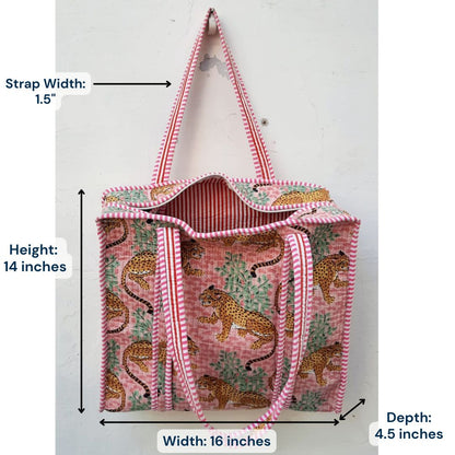 Hand Block Printed Quilted Cotton Tote Bag | Panthera Pink Heritage Bag
