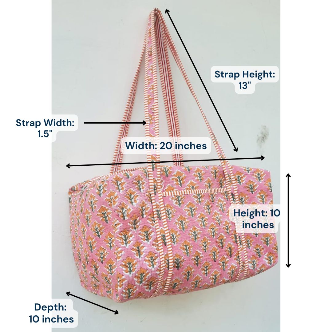 Hand Block Printed Quilted Cotton Duffle Bag – Pink Blossom Heritage | Sustainable Travel Bag