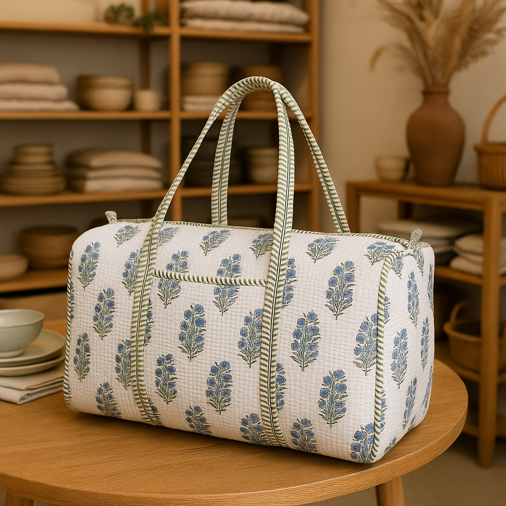 Hand Block Printed Quilted Cotton Duffle Bag – Indigo Blossom | Sustainable Travel Bag