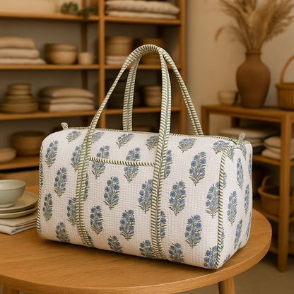 Hand Block Printed Quilted Cotton Duffle Bag – Indigo Blossom | Sustainable Travel Bag