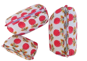 Hand Block Printed Quilted Cotton Toiletry Bag Set of 3 – Scarlet Bloom | Eco-Friendly Travel Organizer