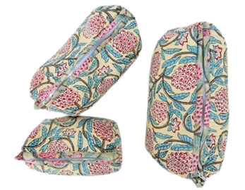 Hand Block Printed Quilted Cotton Toiletry Bag Set of 3 – Pomegranate Bloom | Eco-Friendly Travel Organizer