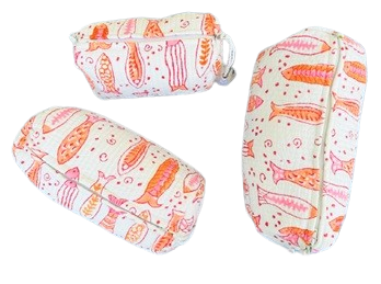 Hand Block Printed Quilted Cotton Toiletry Bag Set of 3 – Coral Fish | Eco-Friendly Travel Organizer