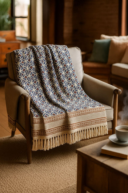 Bohemian Geometric Hand Block Printed Red & Blue Throw with Contrasting Border | 100% Cotton TNT Fabric | 400 GSM Premium Quality