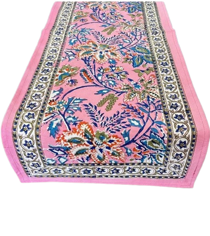 Artisanal Hand Block Printed Cotton Table Runner – Pink Meadow Bloom |  Sustainable