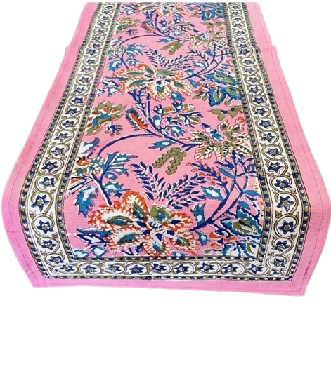 Artisanal Hand Block Printed Cotton Table Runner – Pink Meadow Bloom |  Sustainable