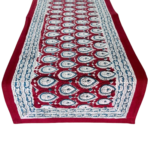 Indian Hand Block Printed Canvas Table Runner| Madder Red & Indigo Floral Design