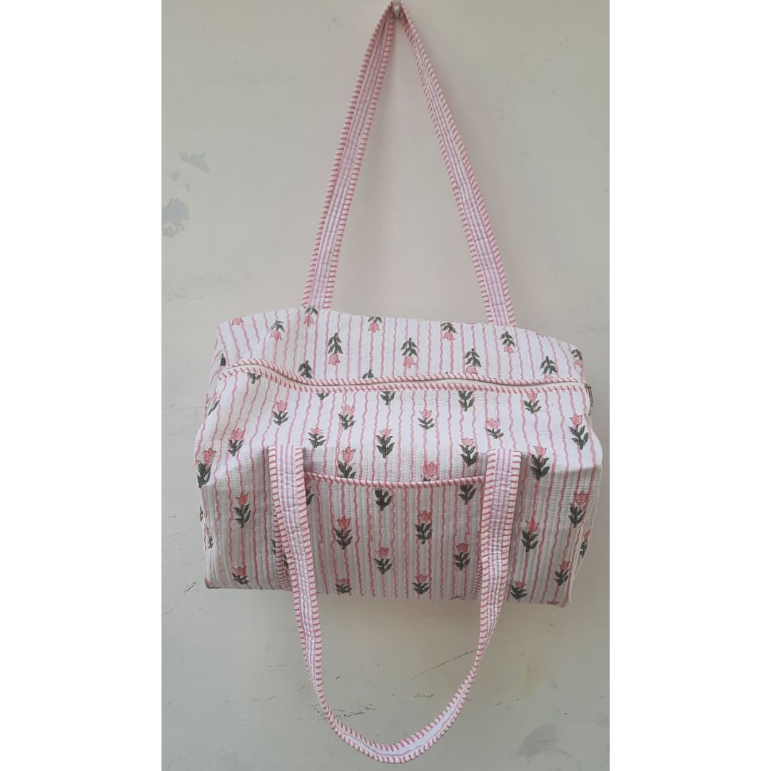 Hand Block Printed Quilted Cotton Duffle Bag – Blush Stripe Bloom | Sustainable Travel Bag