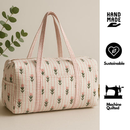 Hand Block Printed Quilted Cotton Duffle Bag – Blush Stripe Bloom | Sustainable Travel Bag