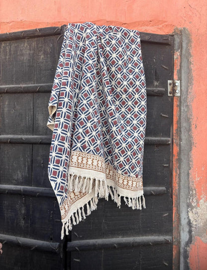 Bohemian Geometric Hand Block Printed Red & Blue Throw with Contrasting Border | 100% Cotton TNT Fabric | 400 GSM Premium Quality
