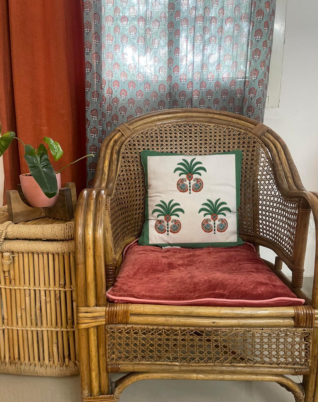 Palm Paiseley Hand Block Printed Cushion Cover | 16" X 16" | 100 % Pure Canvas Cotton