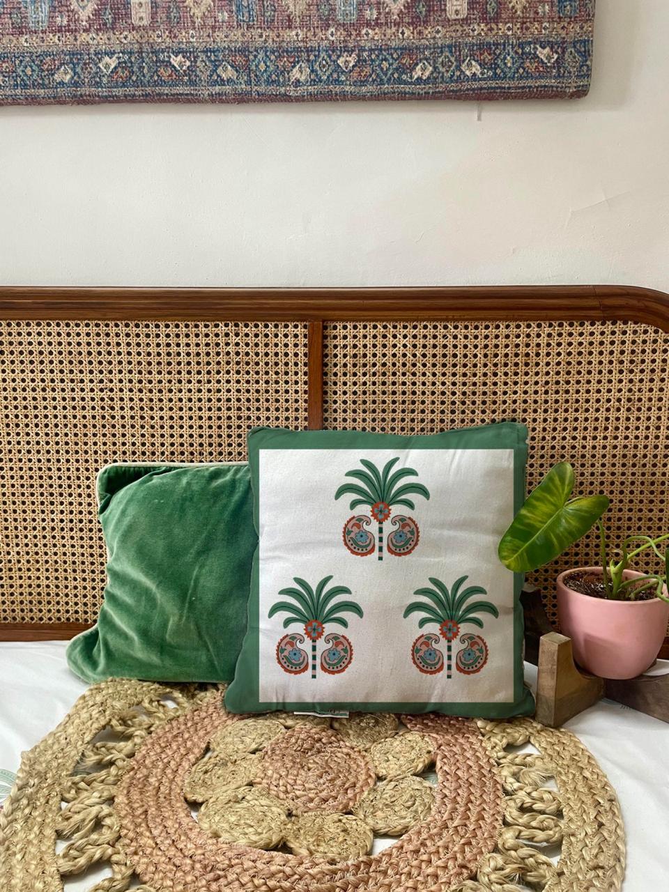 Palm Paiseley Hand Block Printed Cushion Cover | 16" X 16" | 100 % Pure Canvas Cotton