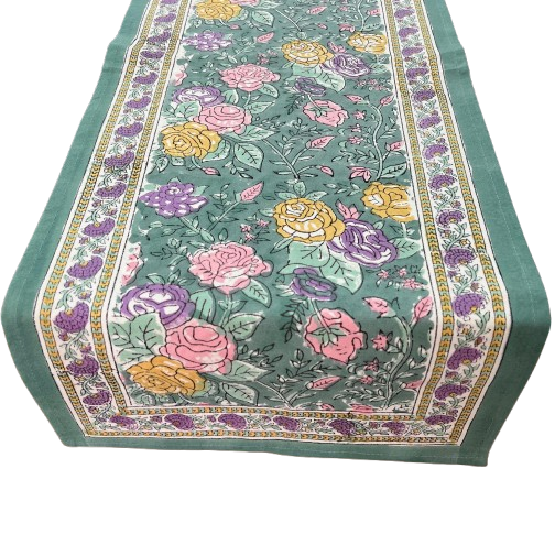 Hand Block Printed Cotton Table Runner – Floral Meadow | Sustainable Dining Linen