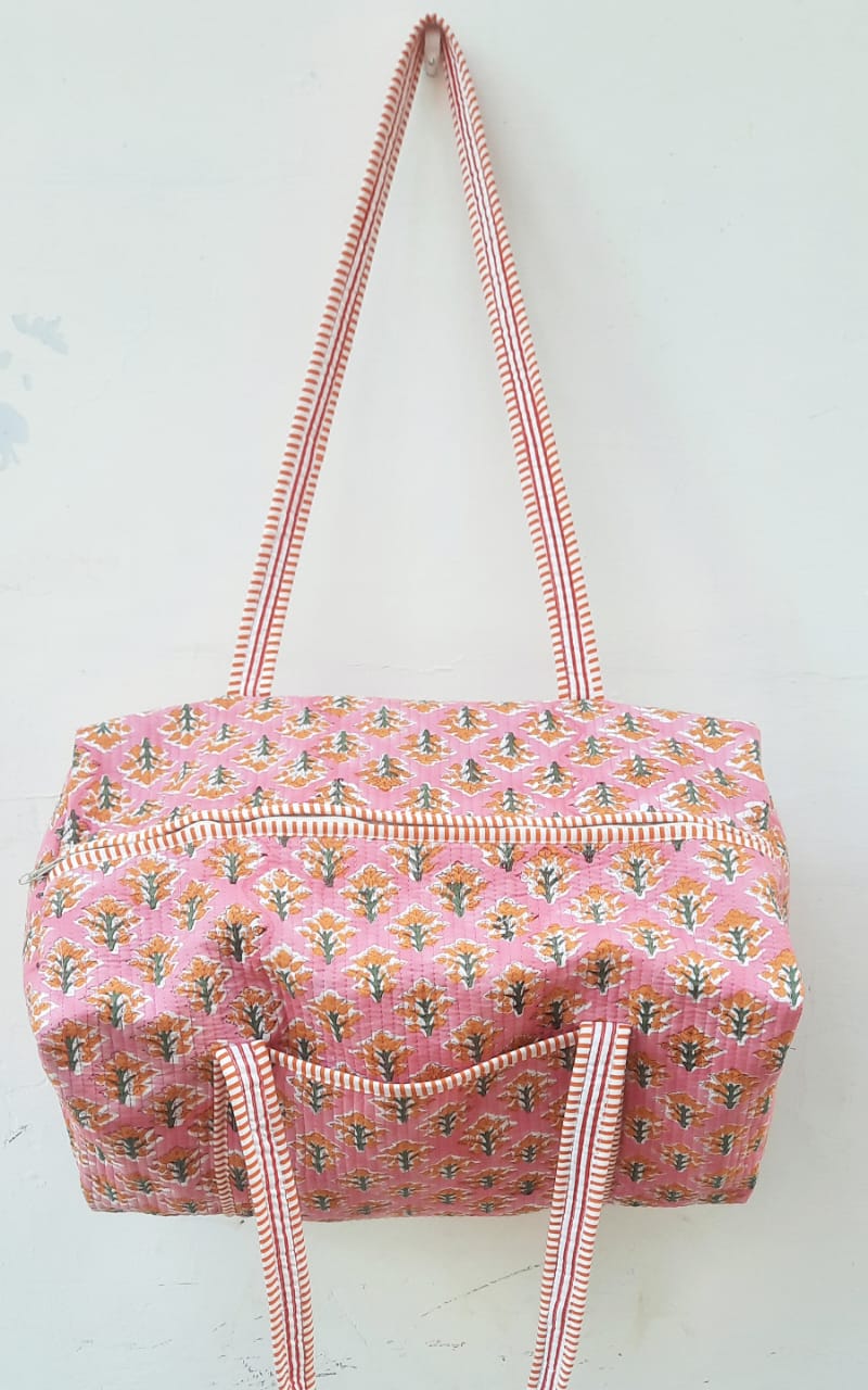 Hand Block Printed Quilted Cotton Duffle Bag – Pink Blossom Heritage | Sustainable Travel Bag